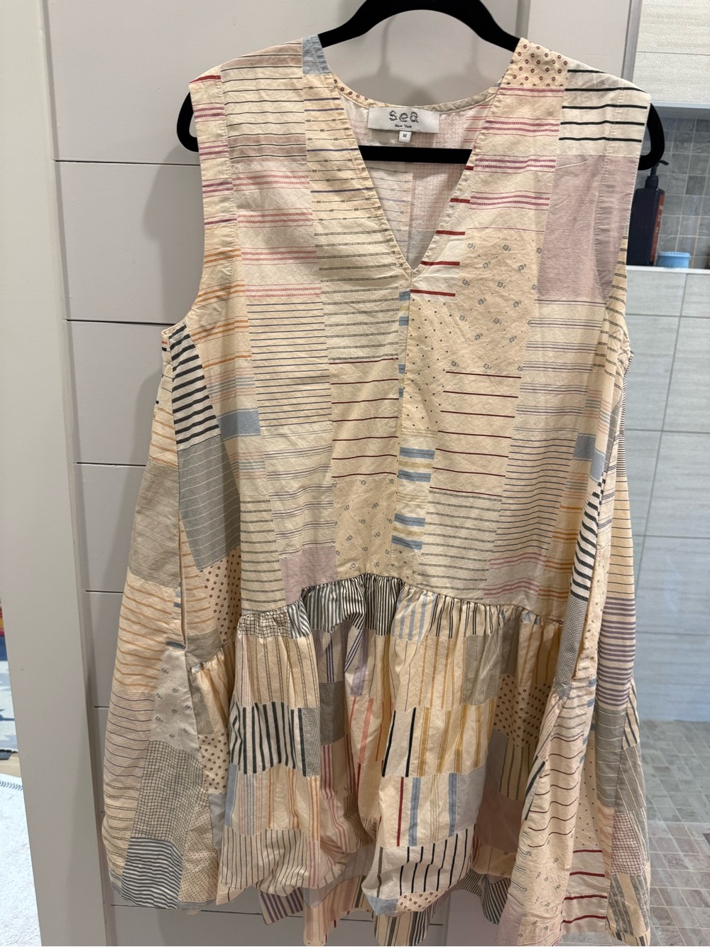 Sea New York Cream Patchwork Striped Sleeveless Dress